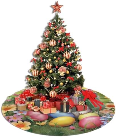 Christmas Tree Skirt, Easter Holiday Easter Rabbit Bunny Eggs Spring Flower Xmas Large Tree Mat, New Year Festive Holiday Party Decorations 30" inches