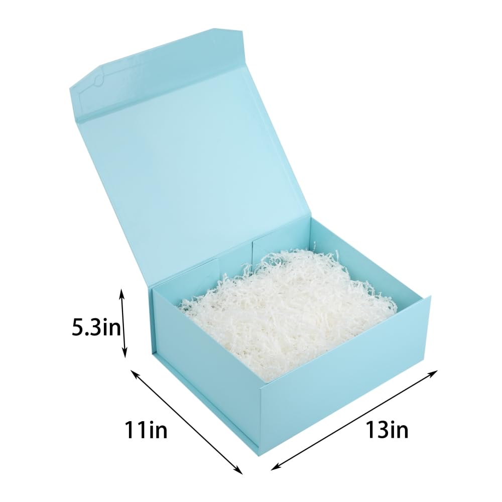 PACKGILO 1 Pcs Blue Gift Box Large 13x11x5.3 Inch Large Gift Boxes with Lids for Presents Magnetic Box with Crinkle Paper Luxury Bule Box with Shredded Paper