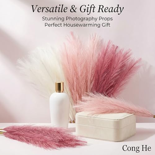 Pampas Grass Decor 30pcs 21.7 Inch, Faux Pampas Grass (White/Pink/Rose Red), Artificial Dried Flowers Look, Fluffy No Shedding for Boho Wedding Home Bedroom Vase Filler - size: Pink White Rose
