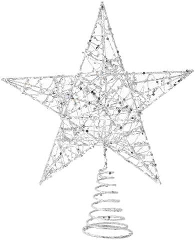 DERAYEE Christmas Star Tree Topper, Xmas Silver Glittered Treetop Metal Hollow Tree Star for Christmas Tree Decorations, Holiday Party Indoor Decor