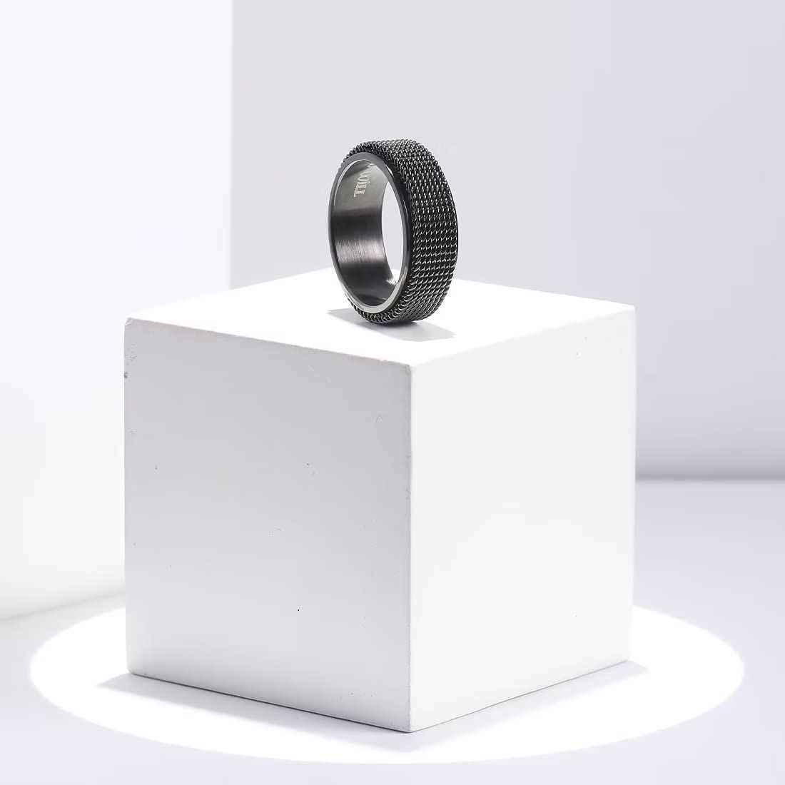King Will Black 8mm Stainless Steel Chain Mesh Simple Plain Spinner Anxiety Ring for Women Men Wedding Band Ring Fidget Ring Mesh Chain Woven Mesh 8