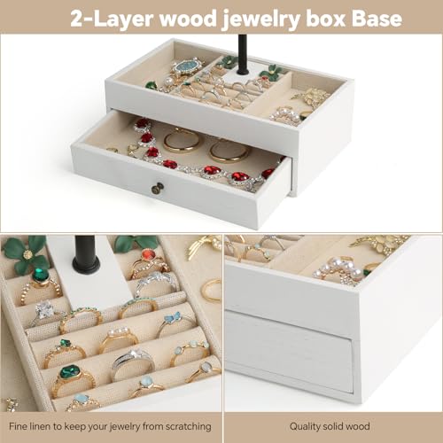 Meangood Jewelry Organizer Stand, 3-Tier Necklace Holder Jewelry Tree with Wooden Storage Drawer Box for Necklace Bracelet Earring Ring,White - color: Light White