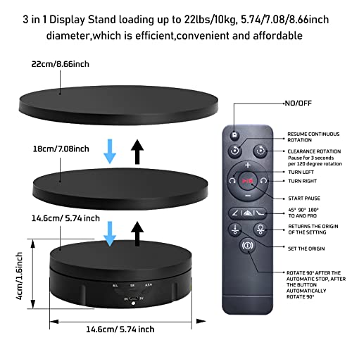 JAYEGT 3 in1 Motorized Rotating Display Stand with 5.74 /7.08/ 8.66 inch Replacement Cover，Max 22lbs Load，360 Electronic Turntable for Photography Products (3 in1 / Black/ With Remote controller) - color: Black