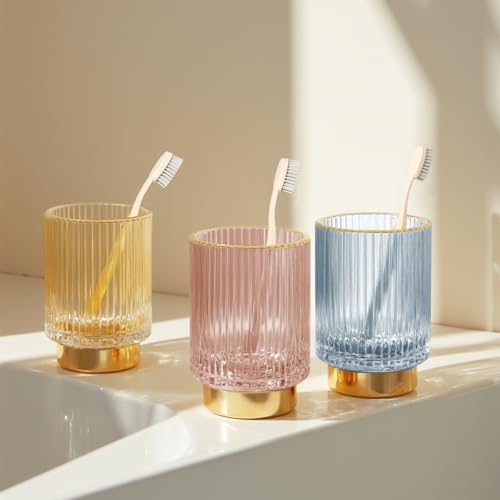 Makeup Brush holder Organizer, Crystal Glass Toothbrush Holders, Striped Make Up Brush Holder for Vanity, Pen Holder for Desk, Vase -Pink (S+L) - color: Pink