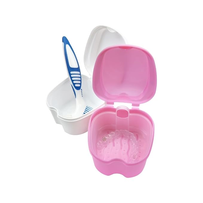 2pcs Denture Bath Retainer Case, Dentaure Cups for Soaking Dentures with Strainer Basket Tray,Compact and Pportable Design, Suitable for Traveling (Lake Blue+Pink)