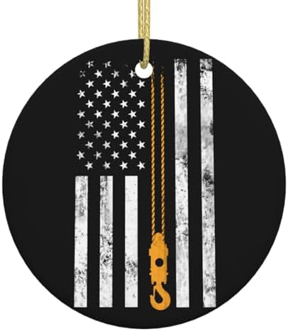 Holiday Ceramic Ornament, Lifting Hook Thin American Flag Crane Operator, Double-Sided Round Pendant, Ideal Christmas Decoration