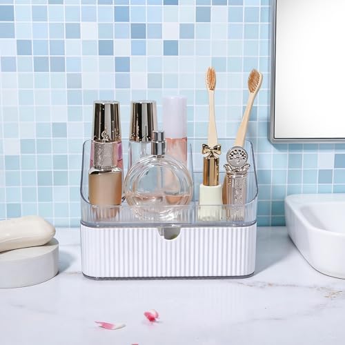 DASITON Makeup Organizer with Drawers, 2 Tier Stackable Organizer for Cosmetics, Skincare, Lipsticks, Makeup Brush, Acrylic Small Makeup Organizers for Vanity Bathroom Countertop Desk Storage (White)
