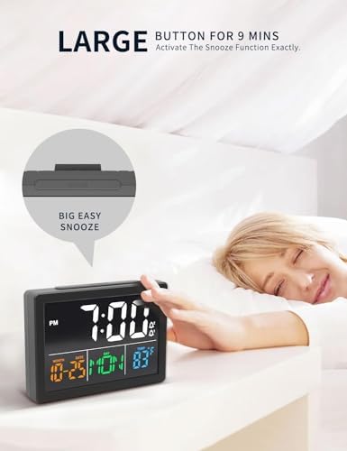JALL Digital Clock with Date Day for Seniors, Electric Alarm Clocks for Bedrooms with Temperature, 2 Alarms, Dimmer, Dual USB Charger, Battery Backup, Volume Control, Snooze, Bedside Desk Clock, Black