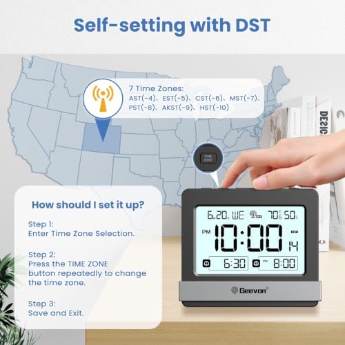 Geevon Atomic Travel Alarm Clock with Indoor Temperature and Humidity | Auto DST Digital Desk Clock Portable Battery Operated with 2 Alarms, Snooze, Light, 3.7" Display for Bedroom Office Study