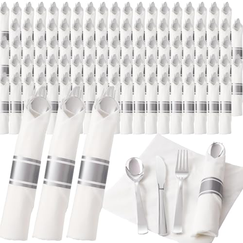 200Guests Pre Rolled Silver Plastic Silverware Sets - Heavy Duty Silver Cutlery - Include 200 Pack Wrapped Disposable Utensils with Napkins for Parties & Dinners & Weddings - color: 200Pack - Silver