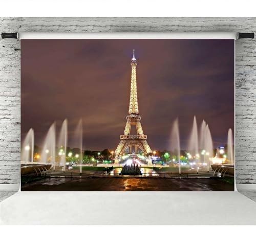 8X6FT Eiffel Tower Backdrop Paris City Square Night Fountain Photography Background for French Landmark Holiday Happy Birthday Banner Wedding Themed Party Photo Booth Props ZH013 ZHTAOYH - size: 8X6FT