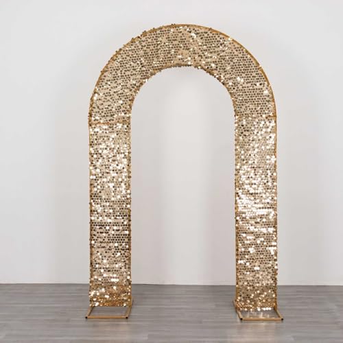 8 feet Gold Big Payette Sequin Fitted Double-Sided U-Shaped Wedding Arch, Round Top Chiara Stand Cover, Spandex Shimmer Tinsel Open Arch Backdrop Stand Cover Wedding Party Reception Decorations