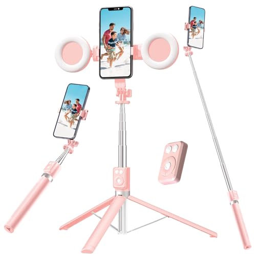 Selfie Stick Tripod with Fill Light, Phone Selfie Stick,Durable Stainless Steel Design,Bluetooth Remote Control,and Stable Three-Legged Support for Live Broadcasts,Video Shooting (Pink) - color: Pink