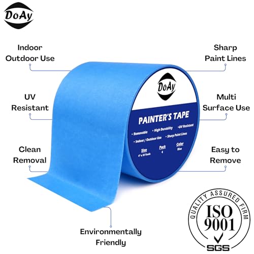 Blue Painters Tape 4 Inches x 30 Yards - Multi Surface Use - 120 Yards Total - 4 Rolls - size: 4"