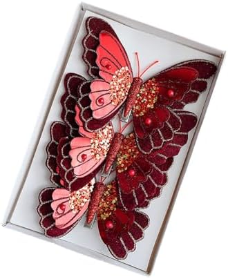 LEBETE Pack of 3 Double Layer Butterfly Christmas Tree Clips Accessory Elegant Fabric Ornaments for Holiday Decorations