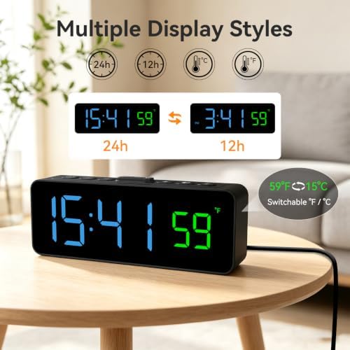 Netzu 2-in-1 Digital Alarm Clocks for Living Room Bedroom | Small Clock with Temperature & Time Display, 4 Levels & off Birghtness, 3 Volumes, Plug-in Use, Compact, Snooze