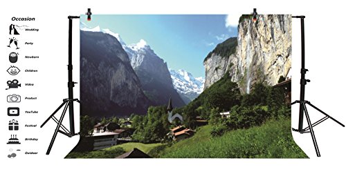 Leyiyi 7x5ft Photography Background Switzerland Alps Backdrop Lauterbrunnen Valley North European Travel Countryside Building Forest Photo Portrait Vinyl Video Studio Prop - size: 7x5ft