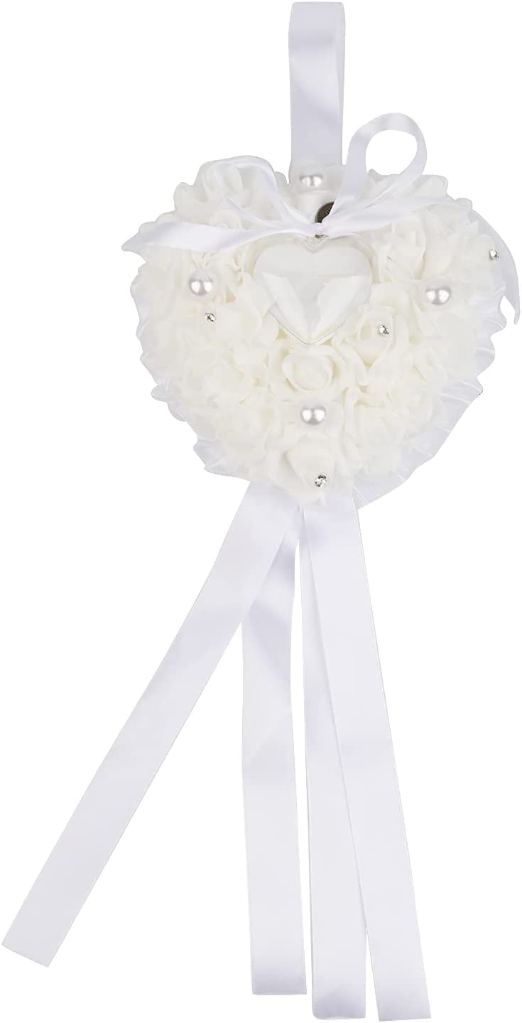 GOTOTOP Wedding Pillow, White Heart Shape Wedding Box for Wedding Lace Crystal Rose Heart Box Wedding Holder Gift