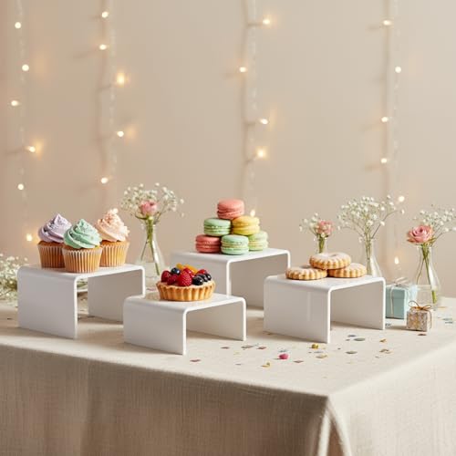 Chuangdi 20 Pcs Acrylic Display Risers, White Product Stand, Jewelry Display Riser Shelf Showcase Fixtures for Figure Dessert Cupcake Candy Action Showcase(White, Medium Set) - color: White, size: Medium Set