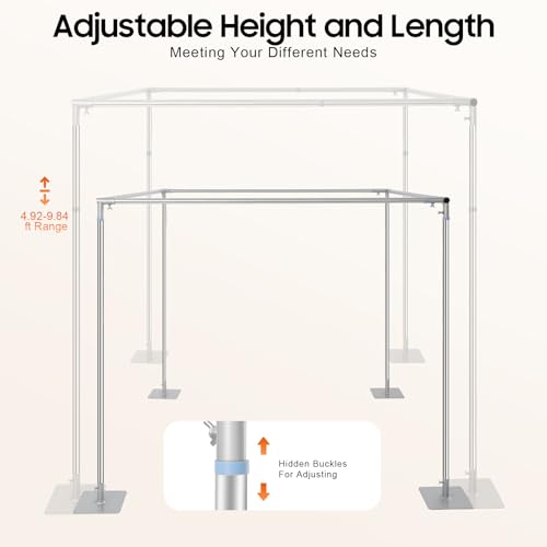Wedding Arch Backdrop Stand, 9.84 x 9.84 Feet Adjustable Height 4 Post Hardware Kit, Portable Background Frame with Square Base for Outdoor Wedding, Birthday Party, Photo Booth Background (Silver)