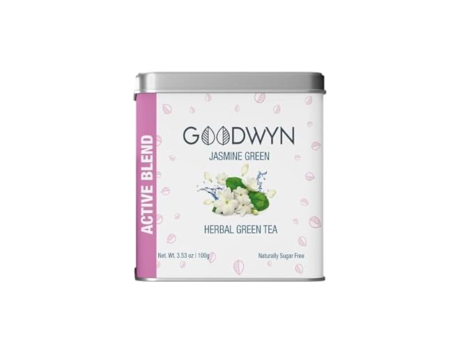 Goodwyn Jasmine Green Tea Loose Leaf –50 Cups (100g / 3.5 oz) | Herbal Jasmine Flower Infused Green Tea | Delicate Floral Aroma, Low Caffeine, Sugar-Free | Premium Reusable Tin Perfect for Gifting, Indian Origin Chai
