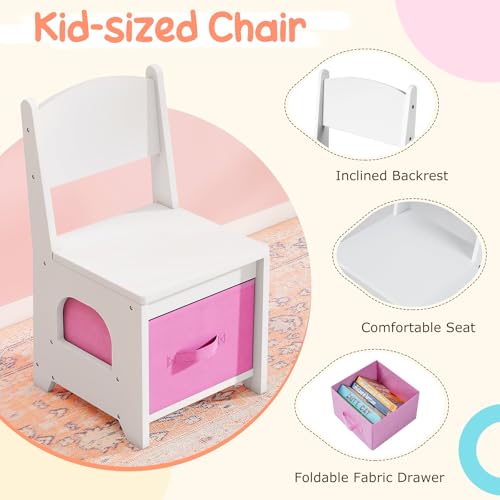 Costzon Kids Vanity with Lights, Girls Vanity Set with Mirror, Storage Drawers, Cabinet & Shelves, Toddler Makeup Vanity Desk Dressing Table, Wooden Kids Vanity Table and Chair Set (White) - style: White with Storage Bins