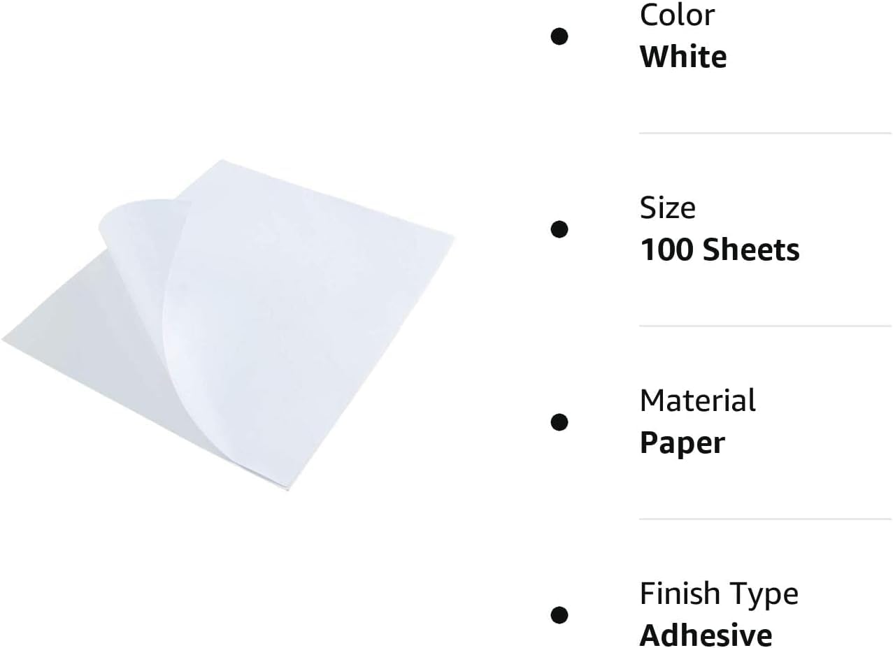 L LIKED 8.5x11 Printable White Sticker Paper Full Sheet Label, Matte, for Laser & Inkjet Printing (100 Sheets)