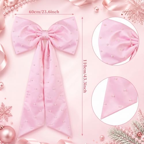 HunnmingRe 24x43 in Satin Bow with Pearl Christmas Tree Topper,Pink