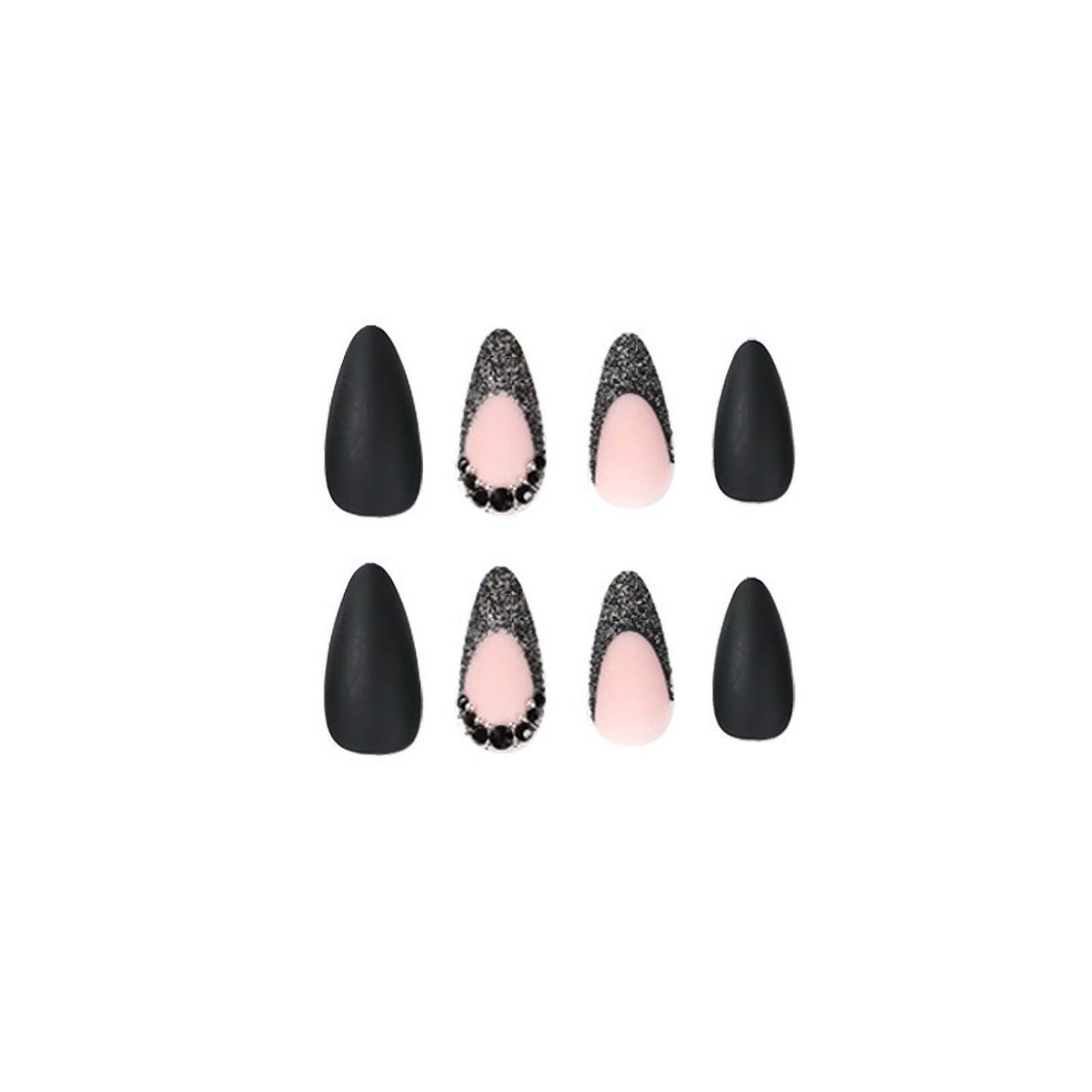 MISUD Press on Nails - Medium Stiletto Glue on Nails with Matte Black, Acrylic Bling Glitter Design 24 pcs