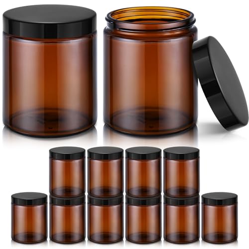 8 oz Amber Glass Jars with Lids, 12 Pack Amber Small Glass Jars with Black Lids, Lotion Container Empty Cosmetic Travel Containers for Sample, Cream, Lotion, Honey, Powder - color: Amber-Black Lids, size: 8 Ounces