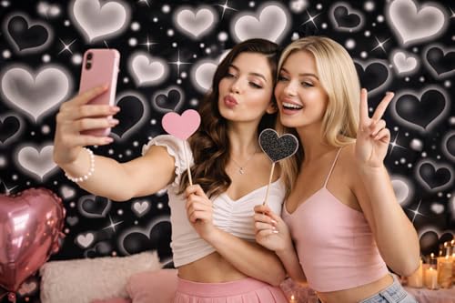 7X5ft Black White Heart Backdrop Aesthetic Love Photography Background Cute Hearts Pattern Photo Booth Banner for Valentine's Day Birthday Party Room Decoration - size: Black