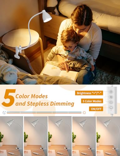 BOHON Clamp Lamp Reading Light 5 Color Modes 10 Brightness Dimmer Bedside Lamp 10W 38 LED Desk Lamp with Auto Off Timer 360° Flexible Gooseneck Clip on Light for Bed Office, Adapter Include, White - color: White