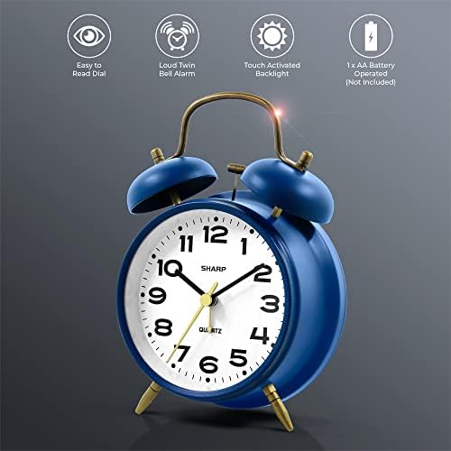 Sharp 4-Inch Twin Bell Alarm Clock for Heavy Sleepers (Matte Navy)