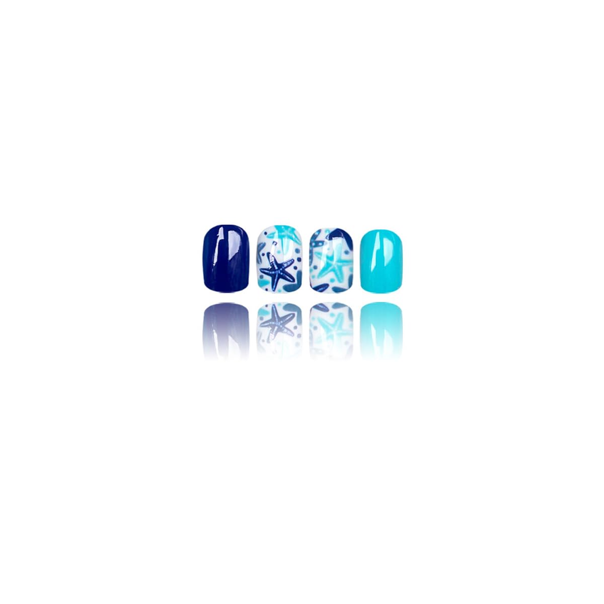 Blue Press on Nails Short Square Fake Nails Summer Nails Press ons with Starfish Design,Beach Full Cover Stick on Nails for Women Manicure,Artificial | Reusable | Easy Apply | 24Pcs