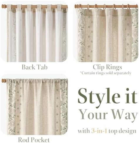 jinchan Winslow Lined Linen Curtains for Bedroom 84 Inches Linen Blended Embroidered Bordered Floral Curtains for Living Room Farmhouse Decor Window Treatments Sage on Beige Drapes 2 Panels