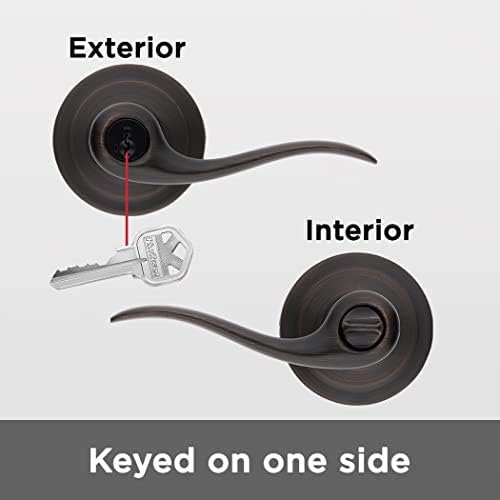 Kwikset Tustin Entry Door Handle with Lock and Key, Secure Keyed Reversible Lever Exterior, For Front Entrance and Bedrooms, Venetian Bronze, Pick Resistant Smartkey Rekey Security and Microban