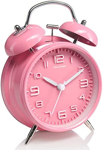 Peakeep 4 Inches Twin Bell Loud Alarm Clock for Heavy Sleepers | Backlight, Battery Operated Old Fashioned Alarm Clock for Bedrooms Kids' Room (3D-Dial, Pink)