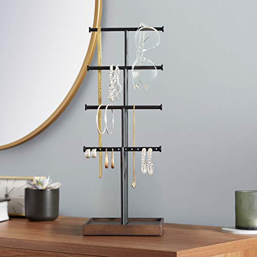 Amazon Basics Four-Tier Jewelry Organizer Tree Stand, Necklace Earring Bracelet Holder with Ring Storage, Walnut/Black - color: Walnut/Black, style: Tree Stand
