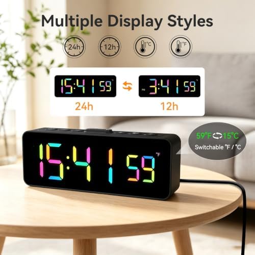 Netzu 2-in-1 Digital Alarm Clocks for Living Room Bedroom | Small Clock with Temperature & Time Display - RGB Display, 4 Levels & off Birghtness, 3 Volumes, Plug-in Use, Compact, Snooze