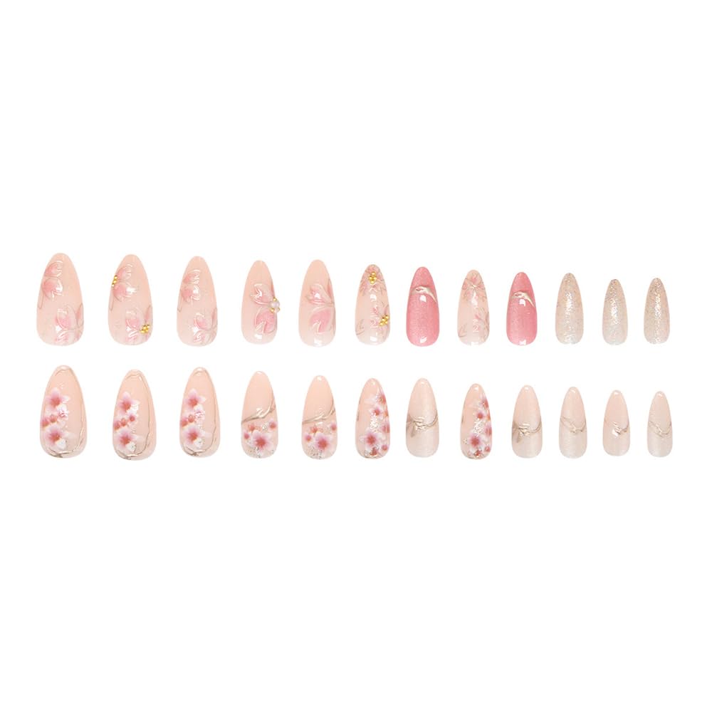 24 Pcs Cat's Eye Press on Nails Short Almond,MINGCHUN Fall Fake Nails Press ons Acrylic Nail Art Tips Kit Full Cover False Nails Glue on Nails with 3D Gilded Flowers Glitter Sequins Design for Women