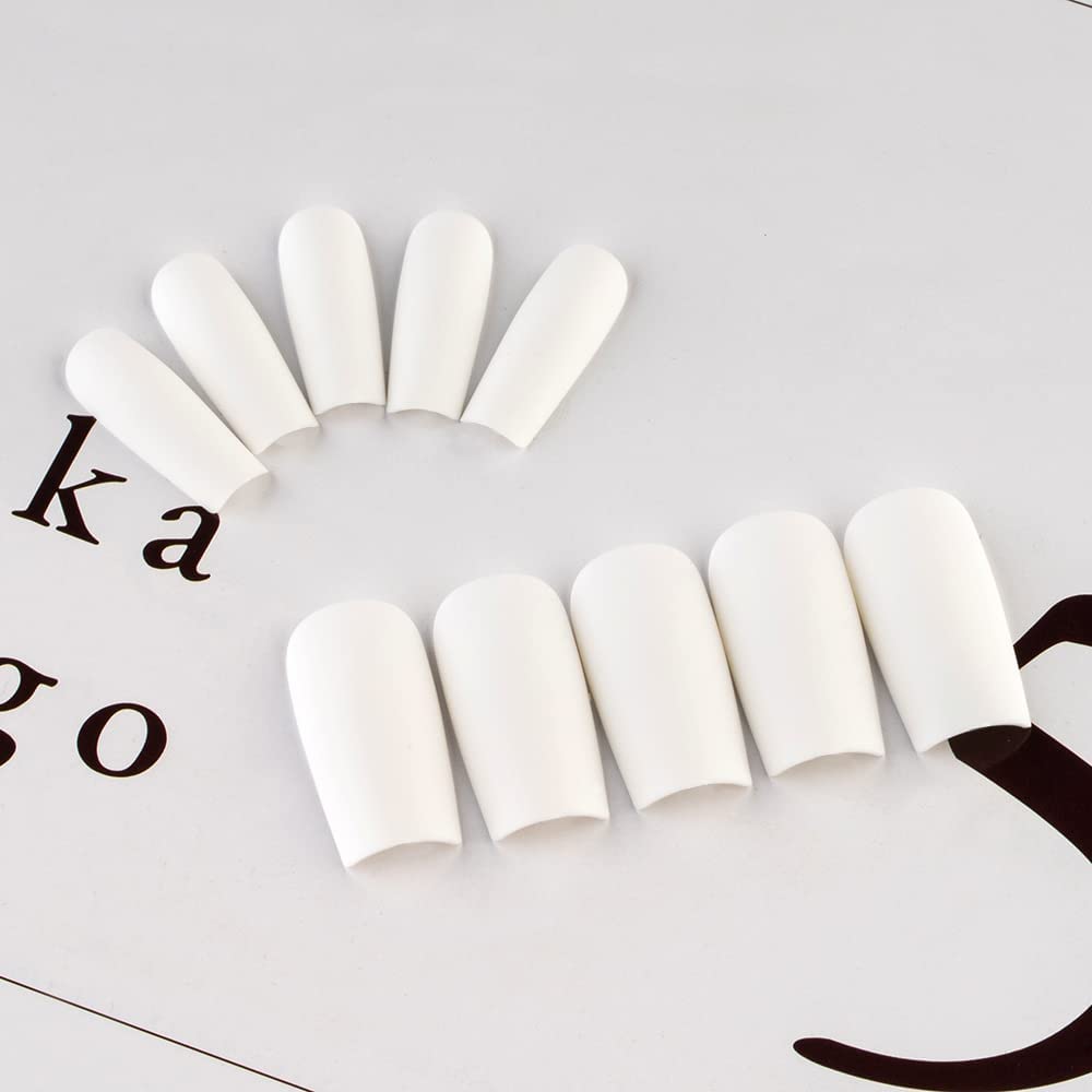 Matte White Press On Nails Medium Long Square, Xcreando Medium Coffin Nails Acrylic Press ons Glue on Nails, Solid Color Fake Nail for Women, Natural Thick Artificial Stick on