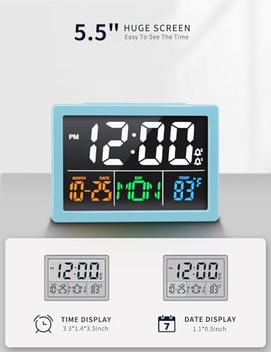 JALL Digital Clock with Date Day for Seniors, Electric Alarm Clocks for Bedrooms with Temperature, 2 Alarms, Dimmer, Dual USB Charger, Battery Backup, Volume Control, Snooze, Bedside Desk Clock, Blue
