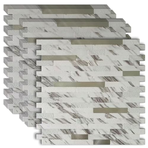 10-Sheet Peel and Stick Backsplash Tile, PVC Mixed Metal Stick on Kitchen, Bathroom Vanities, Fireplace Décor, Laundry Table(White Marble + Silver-2) - color: White Marble + Silver-2