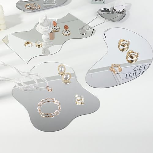 3PCS Moon Ripple Shape Mirror Photo Props Set, Acrylic Mirror Reflection Board Photography Background Props for Goods, Crafts, Lipstick, Jewelry, Cosmetics, Makeup Tools, Food (Irregular) - color: Irregular