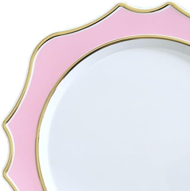 " OCCASIONS " 10 Pieces 13.25'' Scalloped Disposable/Reusable Plastic Charger Plates for Wedding, (Scalloped Imperial Light Pink & Gold)
