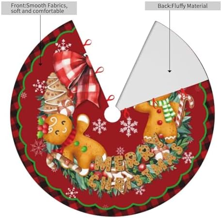 Buffalo Check Merry Christmas Gingerbread Man Wreath 36 Inch Christmas Tree Skirt Carpet Mat Funny Party Decor Supplies for Xmas Halloween Ornament Decorations Occasion