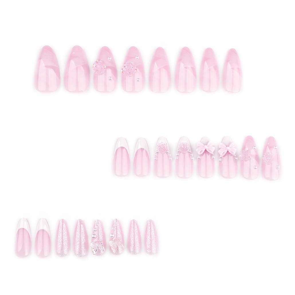 Foccna French Press on Nails Pink Medium, 3D Flower Fake Nails Almond Acrylic False Nails White,Artificial Nails for Women and Girls 24pcs