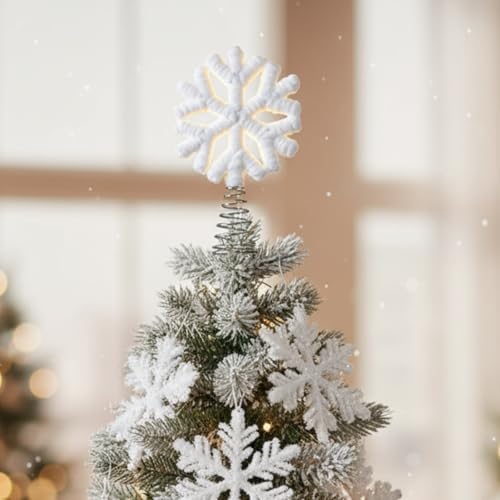 Gejoy 4 Inch Fur Plush Snowflake Christmas Tree Topper, mini Holiday Decor