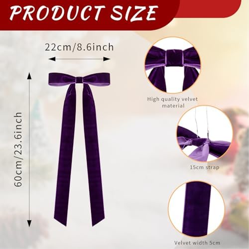 Velvet Bows for Christmas Tree Pack of 4 Large Rustic Crafts Gift Wreath Bow Ornaments for Xmas Topper Staircase Home Wedding Outdoor Interior Decor, 2" Width, 23 x 8.7 Inch (4, Purple)