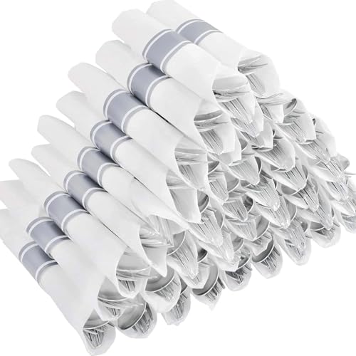50Guests Pre Rolled Silver Plastic Silverware Sets - Heavy Duty Silver Cutlery - Include 50 Pack Wrapped Disposable Utensils with Napkins for Parties & Dinners & Weddings - color: 50Pack - Silver